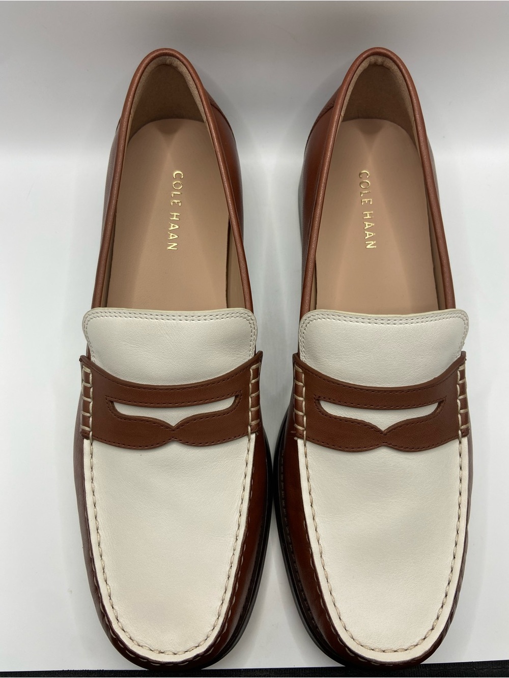 Cole Haan White and Brown Leather Penny Loafers - Picture 2 of 9